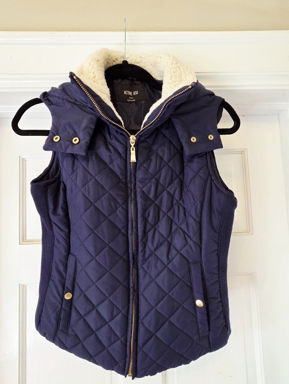 Active USA Quilted Vest Faux Shearling Hood Navy Blue Small